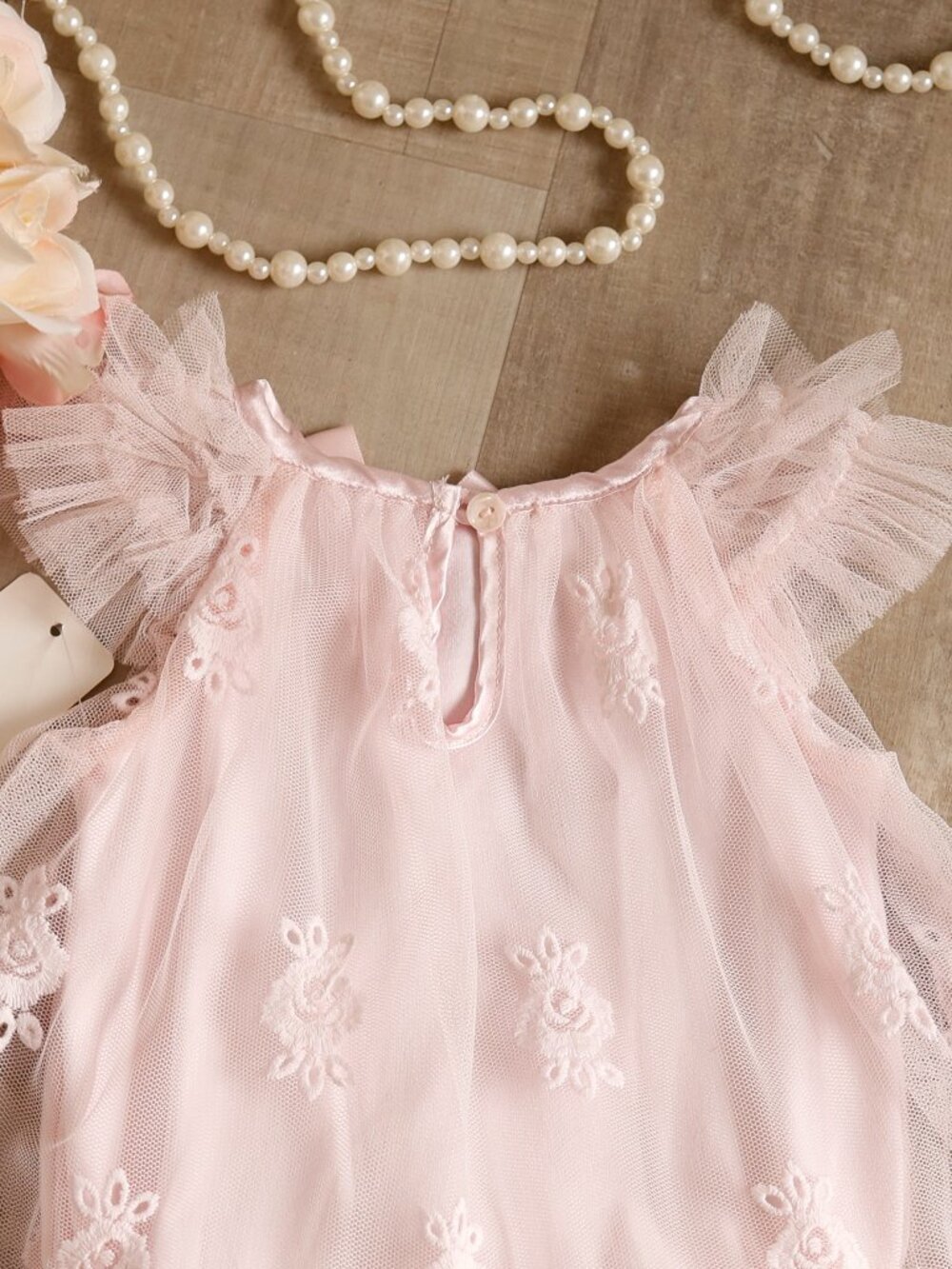 Pink Tulle Cotton Embroidered Lace Overlay Onesie Baby Couture Newborn or 6/9 Mo - Picture 4 of 5